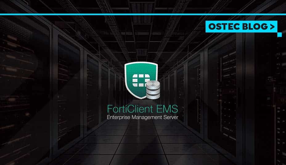 Logo FortiClients EMS da Fortinet com um fundo de datacenter